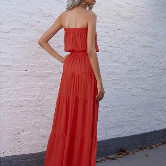 Orange Simple Flounce Hem Belted Tube Maxi Dress - Picture 3 of 5